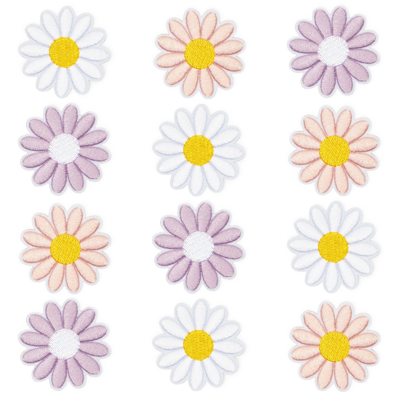 Bright Creations Flower Iron On Patches for Backpacks, Cute Daisy Patches Iron On in 3 Colors, Embroidered Applique Flower Patches for Clothes, Bags, Hats and Jeans (12 Pack, 1.8 x 1.8 In)